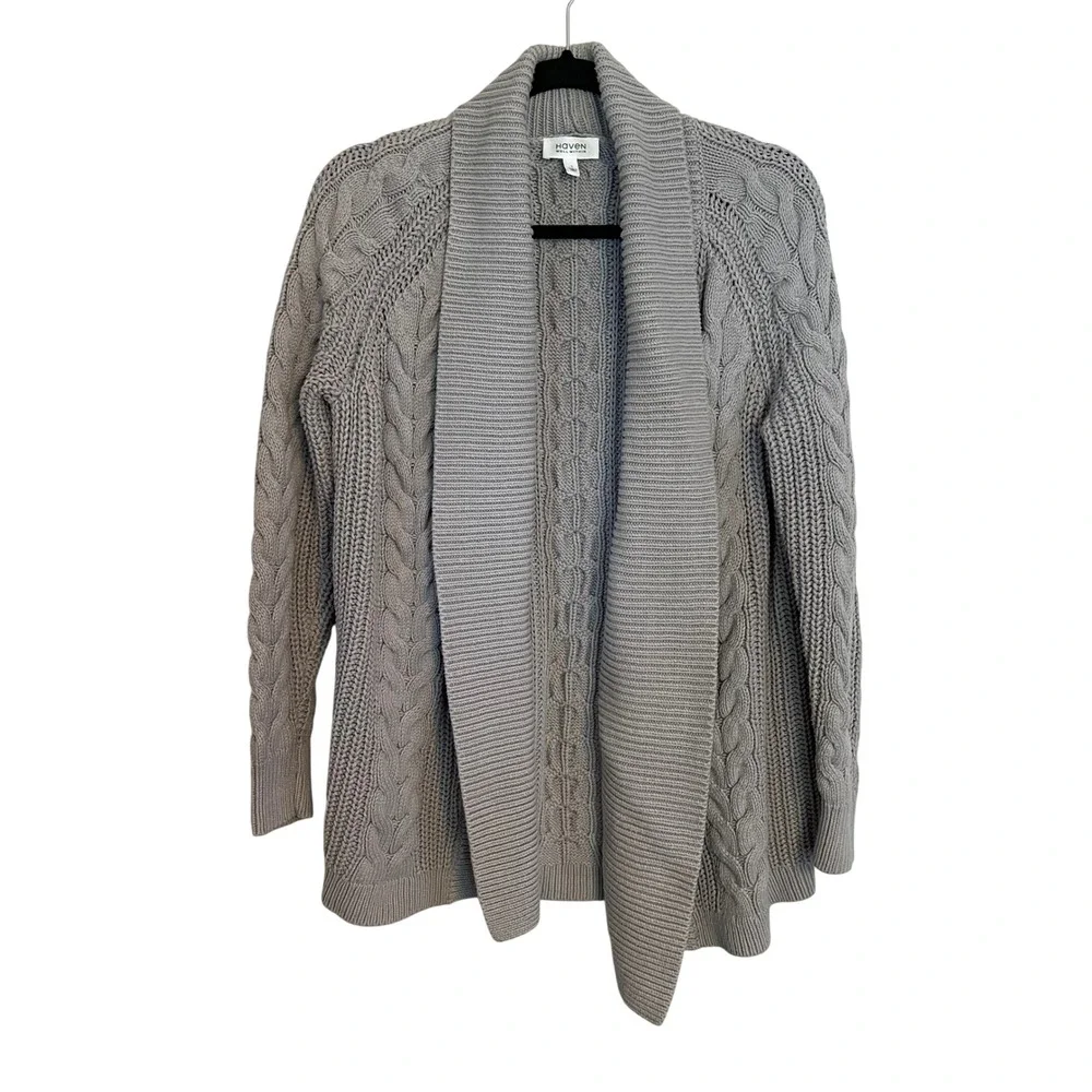 Haven Well Within Gray Cable Knit Shawl Collar Open Front Cardigan Sweater Small